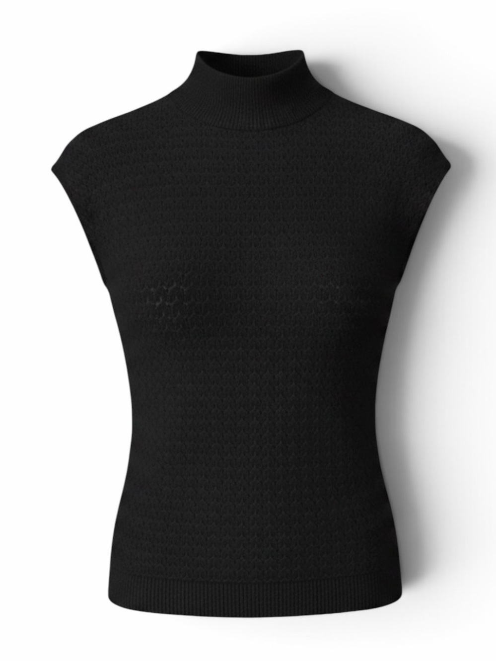 Bebe Black Mock Neck Short Cap Sleeve Pointelle Knit Sweater Size Medium